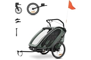 hauck Remorque Velo et Poussette Bike N Walk Duo, Chariot Enfant 2 Places, 6 Mois et Jusqu'à 22 kg - 120 cm avec Suspension, Frein à Main, Dossier Réglable, Coffre et Accessoires, Vert Foncé
