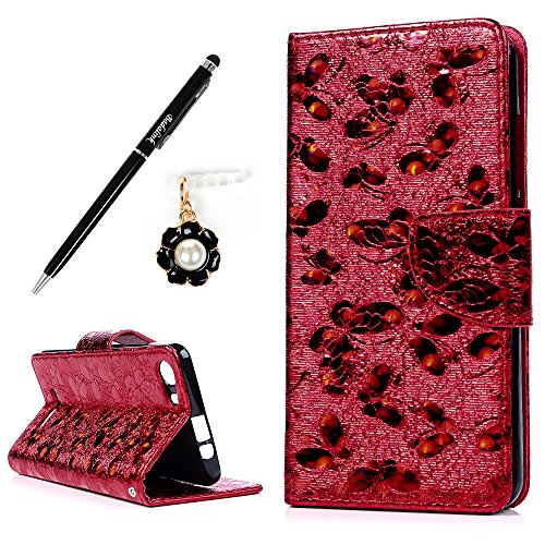 Wiko Lenny2 Hülle Badalink Schutzhülle Leder PU+TPU Handyhülle Glitzer 3D Schmetterling Rot Handytasche Wallet Case Ständer Magnet-Schloss Cover Flipcase + Eingabestifte+Staubschutz Stecker