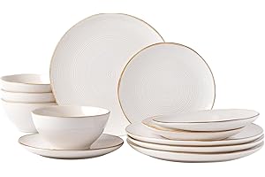 Richmount Tempus 12-Piece Dinner Set, Irregularly Shaped Swirl Stoneware Plates and Bowls Set, Dinner Sets for 4, Dinner Plates/Dessert Plate/Soup Bowl, Glazed Ceramic Dinnerware Sets, Light Cream