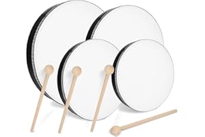 MIVIDE 4 Stück Handtrommel mit Schlägel, Tamburin Trommel, Tambourin Percussion, Holz Handtrommel Set für Party, Leistungen(4zoll, 6zoll, 8zoll und 10zoll)