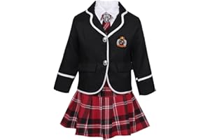 TiaoBug Mädchen Schulmädchen Kostüm Komplett Uniform Jacke Blazer + Langarm Bluse Weißes Hemd, Karierte Krawatte Mini Rock Japanischer Anime Fasching