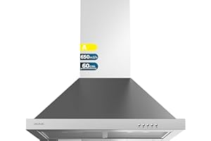 Cecotec Campana Extractora 60 cm Piramidal Bolero Flux PM 606500 Inox A. Motor 165W, Acabado Inox, Succión 650m3/h, Control Mecánico, 3 Niveles de Potencia, Luz y Filtro de Carbono