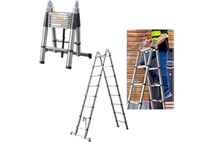 HUINI 5m(2,5+2,5) Teleskopleiter Ausziehleiter Edelstahlleiter A-Rahmen Klappleiter für Wohnmobil/Dachboden/Büro/Warenhaus Mehrzweckleiter leicht zu tragen 150 Kg Belastbar