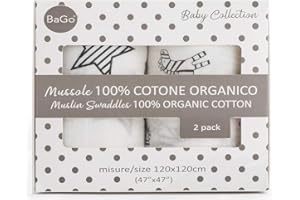 Mussole Neonato Bago® - 100% Cotone Biologico Certificato Gots - 120 X 120 - Mussola Copertina Lenzuola Culla Neonati - 2 Fantasie - Sacchetto Protettivo Da Trasporto - Regalo Bebe Per Bimba E Bimbo