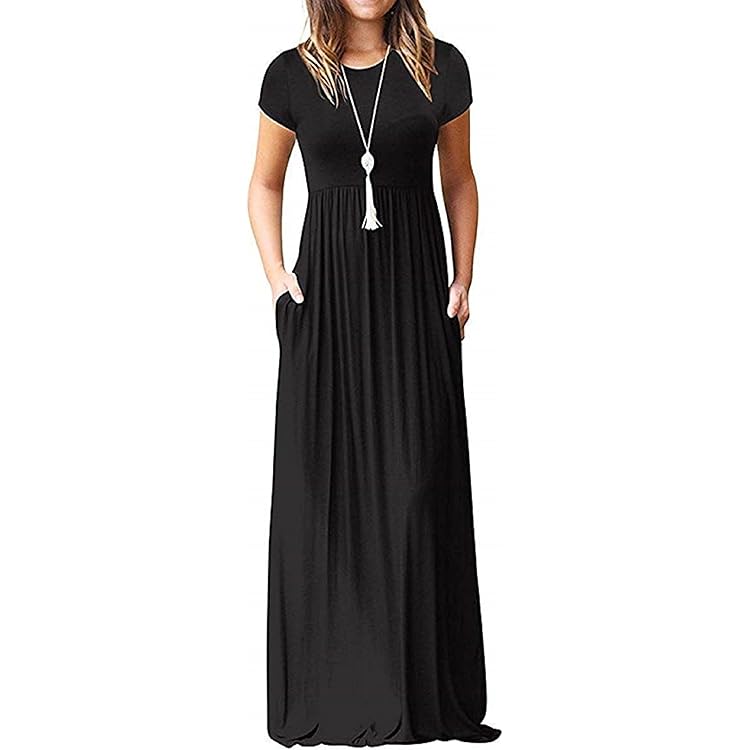 AUSELILY Zomerjurk dames lange rok ronde hals korte mouwen casual strand rok met zak(Zwarte roos,M