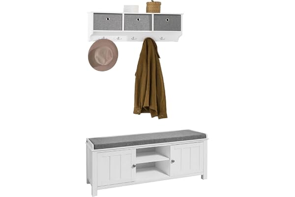 SoBuy Vägggarderobsset, hallset, hallmöbler, skobänk med sits, hallgarderob FSR35-W+FRG282-W