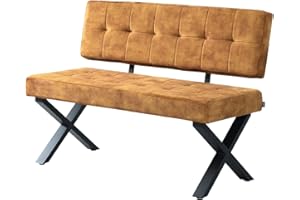‎B&D HOME B&D home® Sitzbank Karen 120cm – gepolsterte Esszimmerbank mit Rückenlehne, X-Metallgestell schwarz, Webstoff/Microfaser in Gelb, modern Industrial Design für Esszimmer, Küche & Flur