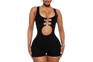 KOEMCY Combinaison Femme Été Combishort Côtelé Anneaux Décoratifs Ensemble Sport chic Combi Moulante Body Stretch Rompers Col Rond Short Bustier Élégant