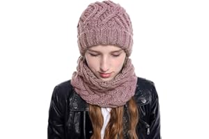 Adicloz 3 in 1 Chapeau Écharpe Ensemble de Gants Femme, Doublure Molleton Doux bonnet d'hiver Tube Écharpe plus Chaud Tactile Gants, Laine Tricot Bonnet Chaud Cache-Cou Extensible pour Femme