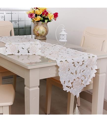 Runner da tavolo RENRUIRUI Pizzo Floreali Ricamati Bianchi di Classe Runner Rustico Chic Dresser Foulard Copritavolo per Banchetti di Nozze Decorazioni per Feste di Compleanno (Size : 35x120cm