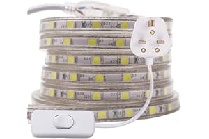 XUNATA 20m 5050 LED Strip Warm White with Switch (80cm Cable), Mains Powered SMD 60LEDs/m Commercial Rope Light, IP65 Waterproof for Indoor/Outside Decoration UK Plug Supply