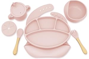 ONLINEFORU LTD Baby Weaning Set, Divided Suction Plate, Suction Bowl, Adjustable Feeding Bib, Baby Silicone Set, Sip Cup with Lid and Straw, Fork and Spoon, for Babies and Toddlers (Pink)