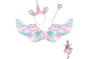 LRXYFYW 60cm Einhorn Feder FlüGel,Einhorn FlüGel,FederflüGel Engel,Engels FlüGel KostüM,Engel KostüM Damen,Engel KostüM Damen Mit Heiligenschein Und Zauberstab,Engel FlüGel,KostüM Engel,Bunter EngelsflüGer