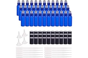 BENECREAT 30 Pack 5ml Botella Azul de Vidrio Botellas de Rodillos de Aceites Esenciales Equipado con 4 Embudos y 10 PCS Cuentagotas de Plástico