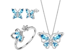 Aurora Tears 925 Sterling Sliver Butterfly Necklace Earrings Rings Birthstone Jewellery Set Pendant Dating Pendant Gifts for Women and Girls