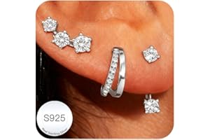 DORANA 3 Pair Sterling Silver Studs Hoop Earrings Set for Women Hypoallergenic 14K Gold Earring Stacks Small Stud Hoops Earrings Sets for Multiple Piercings