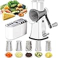 TAME Rotary Cheese Grater Shredder 5 Drum Blades Manual Speed Round Food Slicer Nut Grinder with Strong Suction Base for Cheese, Vegetable, Walnut, Chocolate, Potato, Carrot (White A)