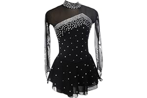 Youthful flying Damen Eiskunstlaufkleid Lange Ärmel Wettbewerb Darbietung Rhythmischen Gymnastik Tanzkleidung(Size:XXL,Color:Schwarz)