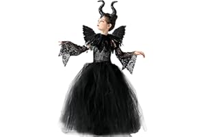 MAXHJX Malefica Costume da Regina per bambine, Regina Strega Cattiva Maleficent Halloween Abiti Tutu Principessa Gonna Tulle Festa a Tema Gioco di Ruolo Vestito Carnevale Natale Cosplay