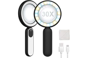 WGYTECH Lupe mit Licht, 30X Lupen mit 21 Led Licht, Handlupe mit 3 Beleuchtungsmodi, Hohe Klarheit & Leichtgewicht Leselupe mit Licht für Senioren Groß, Kinder, Juwelier, Handwerk, Bücher（Schwarz）