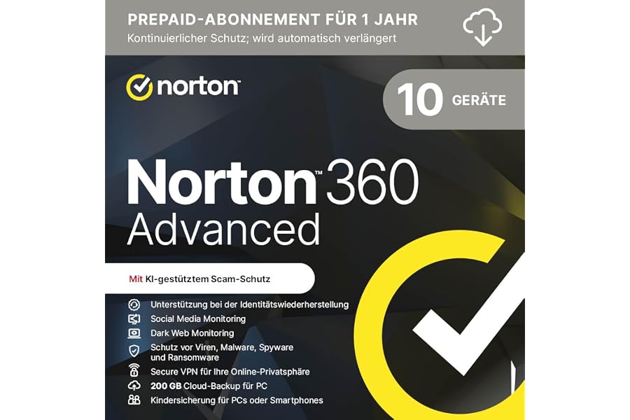 Norton 360 Advanced 2025 | 10 Geräte | 1 Jahr | Aktivierungscode per Email