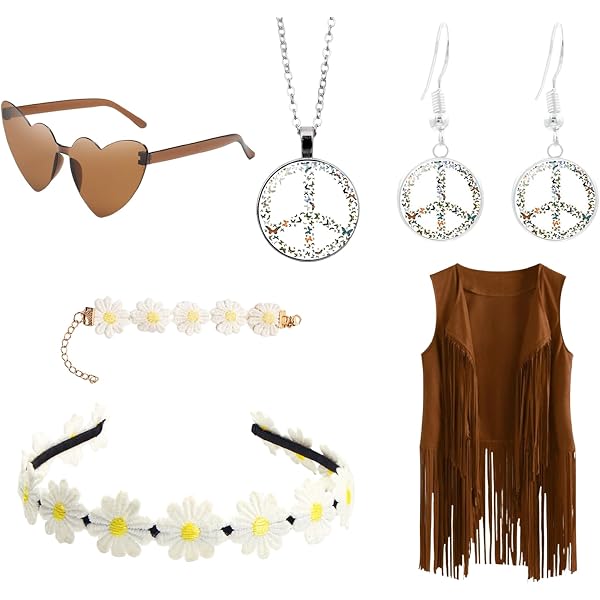 Set 6 Accessori Hippie Per Donna – 2 Occhiali, 2 Fasce Per Capelli E 2 Collane Peace, Costume Anni '60 '70 Per Feste E Festival
