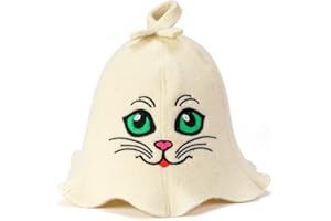 Natural Textile Sauna Hat 'Sauna Kitten' White - 100% Organic Wool Felt Hats - Protect Your Head from Heat - English Sauna E-Book Manual Included - with Embroidery, White