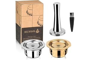 i Cafilas Capsule à café rechargeable pour Nespresso Vertuoline en acier inoxydable, capsules à café réutilisables pour Nespresso Vertuo Espresso (1 argenté + 1 doré + 1 tampon)
