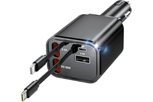 Aimtel Retrattile Caricabatterie Auto,Caricatore Auto USB Cavi di Ricarica Veloce (2.6Ft) e 2 porte USB Adattatore Caricabatterie da Auto Compatibile con iPhone 17/17Air/16/Galaxy/Google/Huawei/Tablet