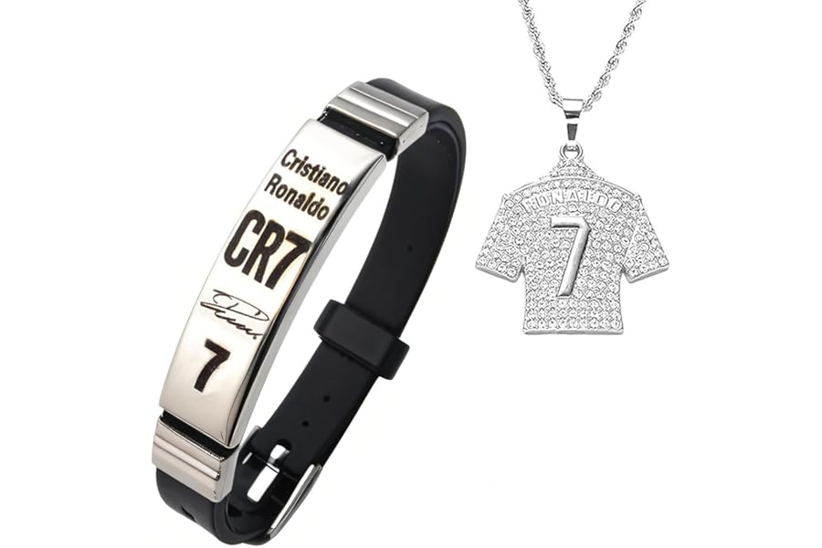 ASREJUR 2 Pcs Football Star Bracelet,Adjustable Stainless Steel Personalized Signature Football Star Bracelet,CR7 Gift for Boys,CR7 League Bracelets with Necklace for Men and Kids,Soccer Fan