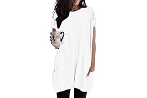 GENERIC Damen Lang Shirt Rundhals Kurzarm Oberteil Einfarbig T-Shirt Tunika Loose Casual Kurzarmshirt mit Tasche Elegant Pullover Sweatshirt Lässig Tops Rundkragen Oversize Longshirt