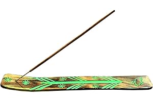 TICHI 2 X Handmade Wooden Brown Incense Stick Holder Burner with Green Hand Painted Pattern, Great Gift for Any Occasion size 10x1.5 inch