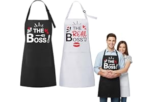 Gibocot 2 Pack Couples Aprons, His and Hers Apron with 2 Pockets, The Boss & The Real Boss Cooking Apron Set for Wedding, Engagement, Anniversary, Christmas Gifts for Couples Newlyweds