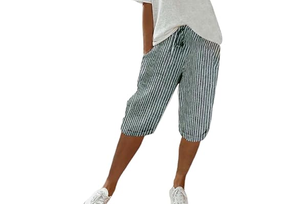 Damshorts i plusstorlek bomull, bermuda dam sommar chic, 2026 nya shorts ränder dragsko byxor elastisk midja kort med ficka breda andningsbara trosor byxor