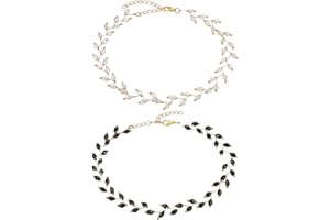 Flongo Damen Choker Halsband Kristall Perlen Strass Halsketten 2 Stück Set weiß schwarz gold Edelstahl Tattoo Kette Schmuck glitzer verstellbar Geschenk Kinder Mädchen Frauen