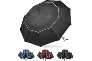 G4Free Paraguas plegable de 62 pulgadas con rayas reflectantes, 10 varillas, paraguas de golf grande, paraguas compacto invertido, resistente al viento, doble dosel, cierre automático de apertura