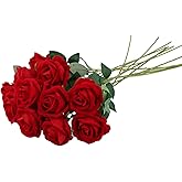 QWORK&reg; 12 Pieces Artificial Roses Red Roses Artificial Flowers with Long Plastic Stems for Wedding Home Decoration