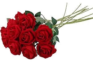 QWORK® 12 pièces Roses artificielles, Roses Rouges, Fleurs artificielles avec Longues tiges en Plastique pour Mariage, décoration d'intérieur