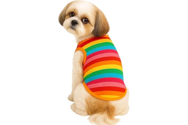 KUTKUT Drooling Rainbow Stripes Print T-Shirt for Small Dogs Breathable Cotton Sleeveless Shirt for ShishTzu, Maltese, Yorkie, Toy Poodle etc (Size: L, Chest :43cm, Neck : 32cm, Back Length 33cm)