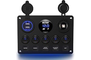 Greluma 1 Pezzo Pannello interruttori a bilanciere on-off a 5 posizioni con interruttori automatici,fusibile in linea 15A,voltmetro digitale,caricabatterie USB e presa accendisigari 12V per barca auto