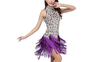 YAOTT Mujeres de Cuello Alto Ropa de Baile Cóctel De Noche Vestido Latino Salsa Tango con Lentejuelas y Flecos