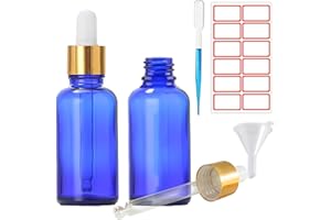 JAMHEXOU 2PCS Blue Glass 30ml Dropper Bottles Small Sample Dropper Bottle for Essential Oils Massage Perfumery Aromatherapy Laboratory Bottles with Pipettes, Plastic Funnels and Labels