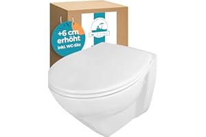 ‎CALMWATERS Calmwaters® Erhöhtes Wand WC spülrandlos Modern Plus mit Toilettendeckel, +6 cm Erhöhung, erhöhte Toilette inkl. abnehmbarem WC Sitz mit Absenkautomatik und Fast-Fix, Komfort Tiefspüler, Weiß