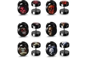 PiercingJak 6 Pairs Black Stud Earrings Fake Gauges Gothic Skull Earrings 18G Stainless Steel 00G Cheater Fake Ear Plugs Illusion Tunnel Piercing Barbell Stud Screw Earring
