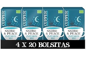 Cupper - Pack de 4 Cajas de 20 Bolsitas de Infusiones Ecológicas Snore&Peace - Propiedades Relajantes - Contiene Manzanilla, Melisa y Lavanda - Apto para Veganos