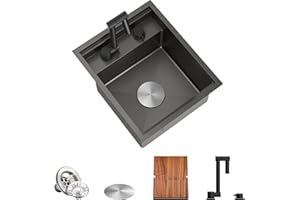 TORVA Black Stainless Steel Sink for Camping Caravan Kitchens, Workplace Undermount Basin with Built-in Folding Taps, 38 x 45.7 x 23 cm