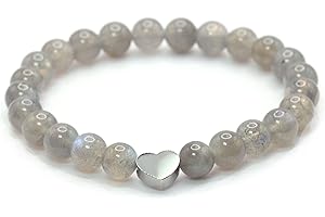 LAKADA Bracelet en labradorite véritable pierre précieuse avec perles rondes de 6mm et cœur en acier inoxydable - différentes longueurs - bracelet en pierres précieuses porte-bonheur talisman cadeau