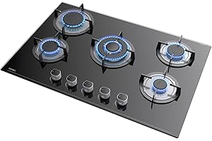 Hermitlux Piano Cottura a Gas 5 Fuochi, 78cm, per Gas Naturale/Propano, Sicurezza con Termocoppia, Vetro Nero