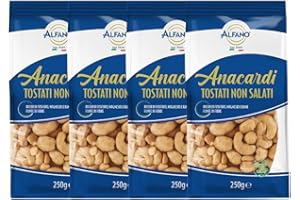 Alfano dal 1940 Anacardi Tostati Non Salati Formato da 250g Frutta Secca Ricca di Fosforo, Magnesio e Rame Fonte di Fibre (4 Pezzi)