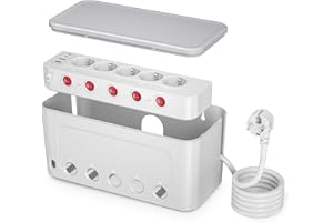 HONIHOM Caja Organizadora de Cables con Regletas Enchufes,Enchufe Multiple con Interruptor,Ladron Enchufes 5 Tomas y 4 USB,Caja Para Guardar Gestión de Cables Pared con Regleta 1,5M Cable,29*14*14CM,Blanco